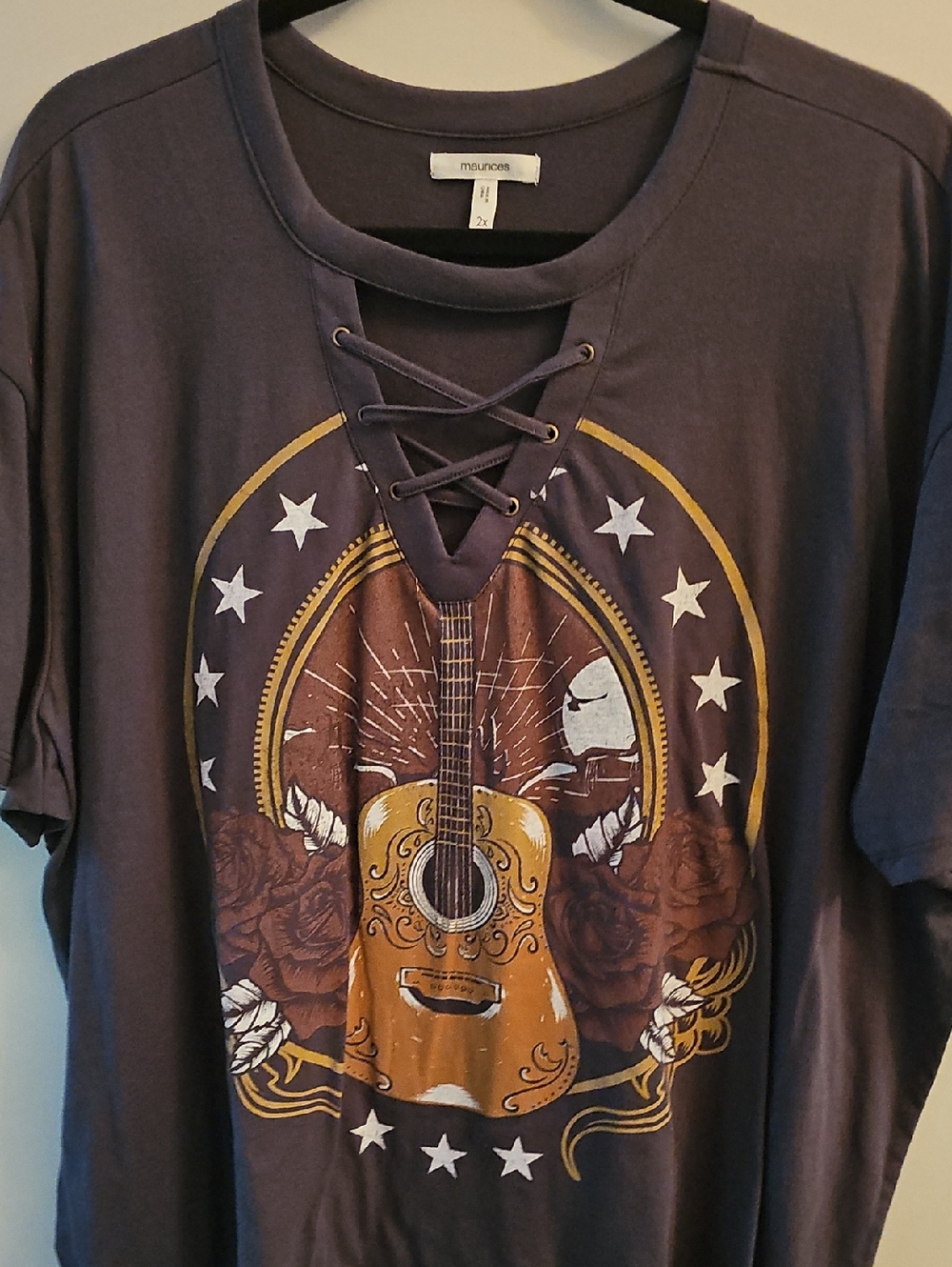 Maurices Charcoal Lace-Up Guitar Graphic Tee with Mustard Accents
